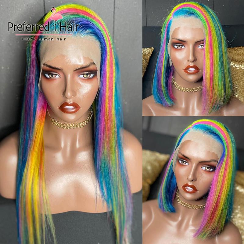

Preferred Rainbow Color Straight Lace Front Wig Pre Plucked Side Parting Bob Wig Brazilian Remy Lace Front Human Hair Wigs
