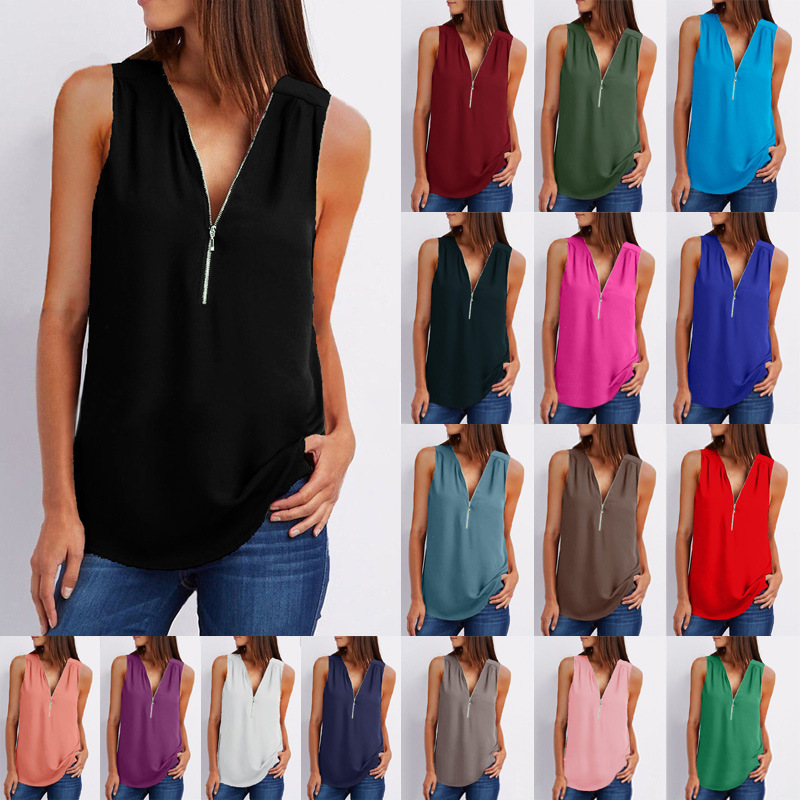 

Women' Plus Size Shirt Collar Zip Loose Sleeveless Summer Fashion Comfortable Sleeveless V-Neck Chiffon Shirt, Pink