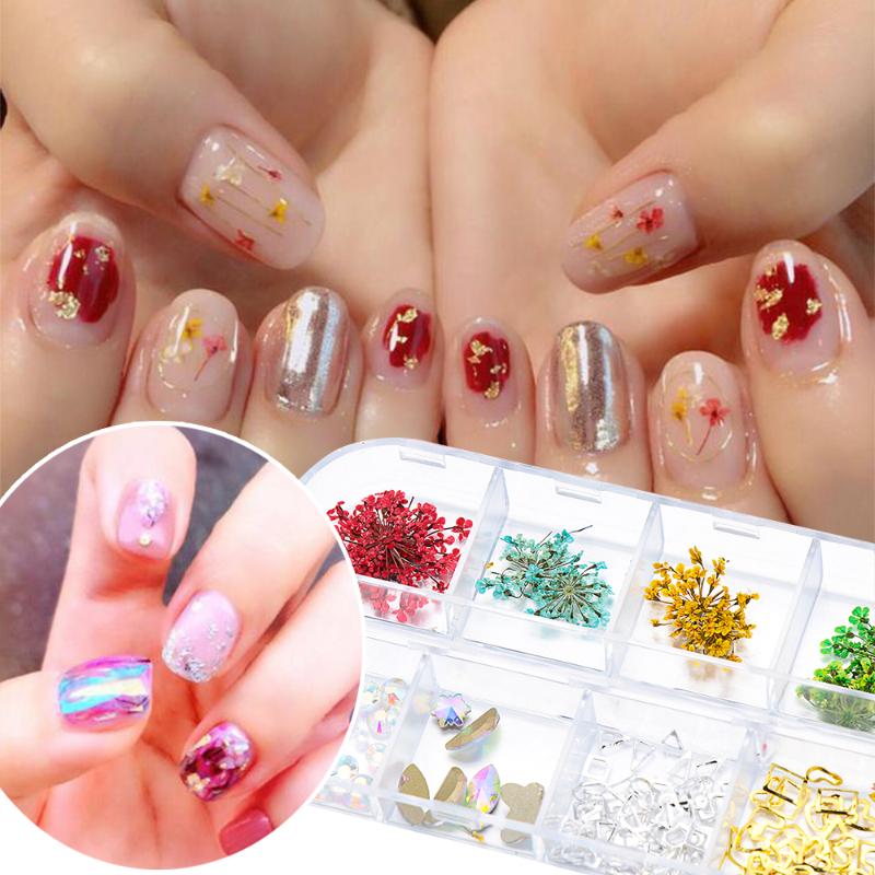 

New 12Grid Mix Dried Flowers Glitter Flakes Nail Decorations Floral Leaf Sticker Jewelry Summer Beauty 3D DIY Accessories