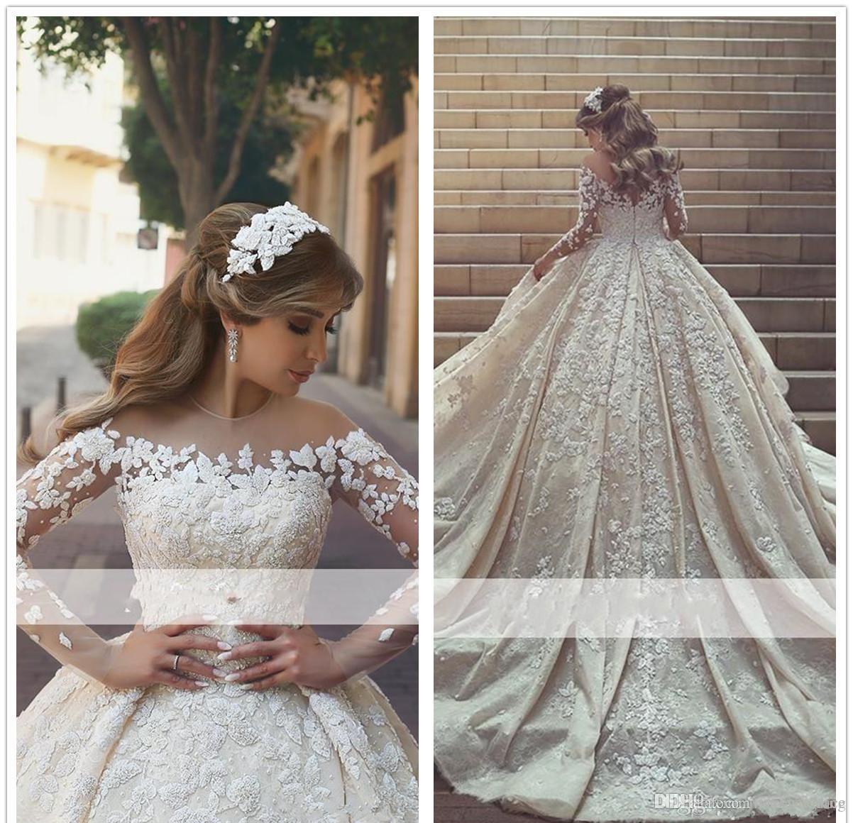 

2019 Arabic Princess Sheer Long Sleeves Wedding Dress Ball Gown Lace Appliques Church Formal Bride Bridal Gown Plus Size Custom Made, Silver
