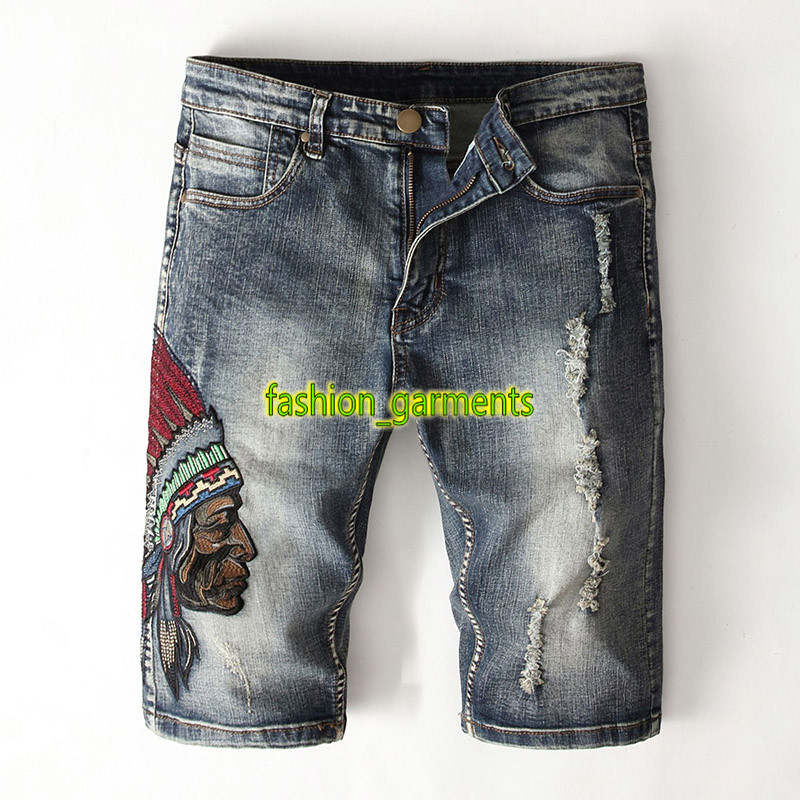 

New Mens High Quality Embroidered Jeans Mens Indian Shorts Personality Hot Style Jeans stylist Denim Shorts, Blue #1705