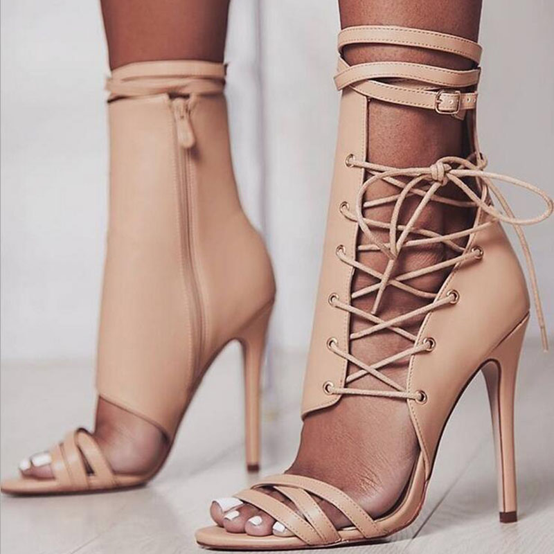 

Open Toe Sandals Thin High Heels Sandals Women Sexy Strap Zipper Lace Up Ladies Summer Pumps Shoes Big Size Party Night Club, Beige