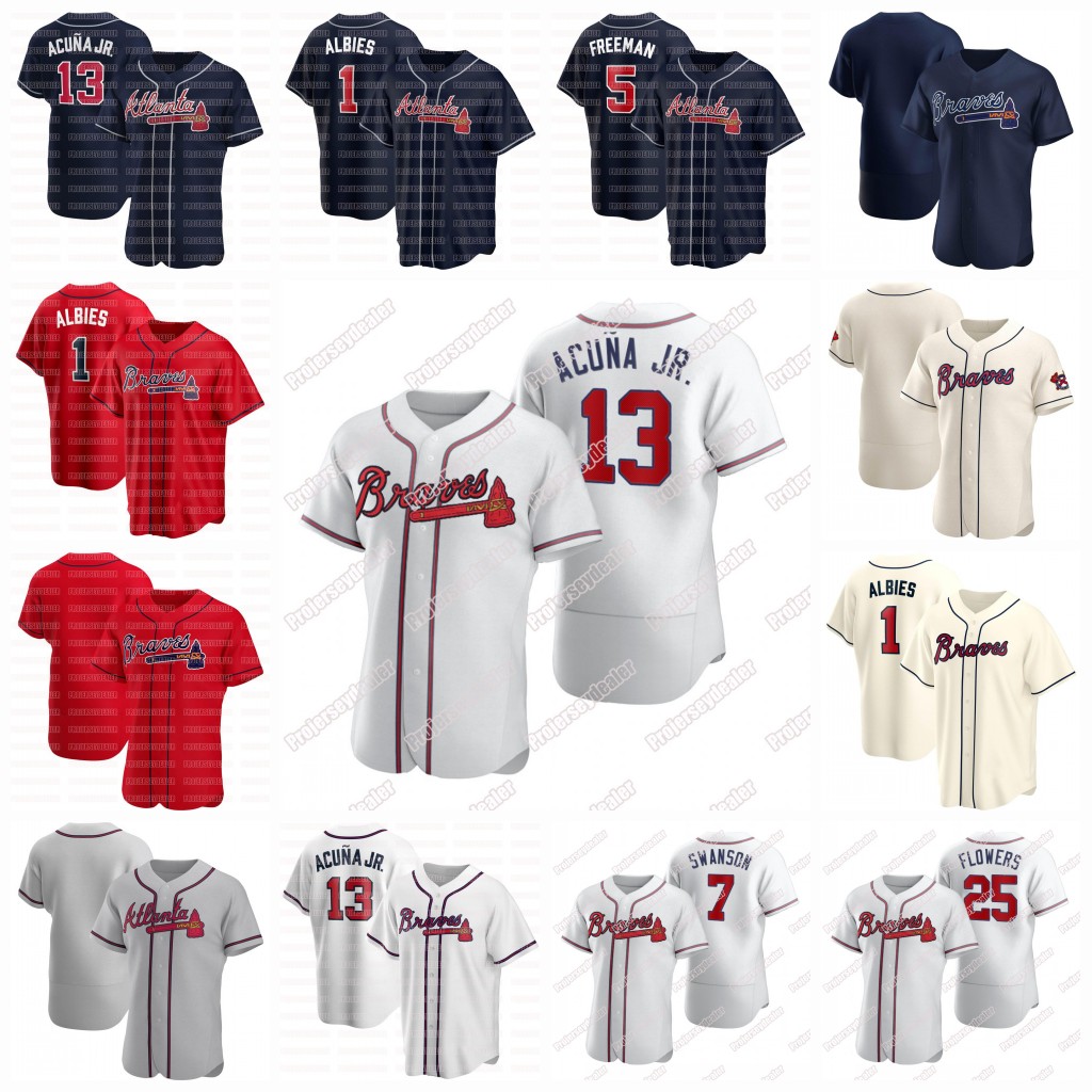 

Ronald Acuna Jr. 2020 Season Baseball Jerseys Ozzie Albies Austin Riley Freddie Freeman Dansby Swanson Shane Greene Josh Donaldson, Cream flex base mens s-3xl