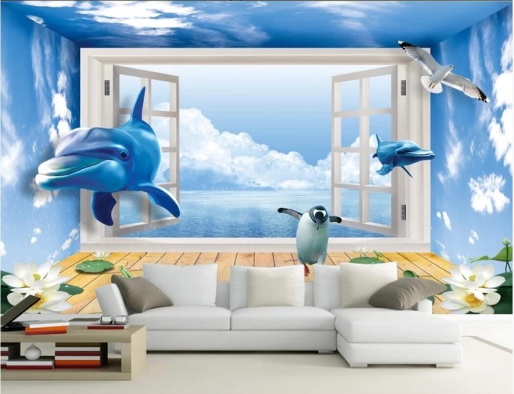 

3d wallpaper custom photo murals 3D dolphin seagull penguin 3D painting TV background wall decoration decor wall art pictures, Non-woven fabric