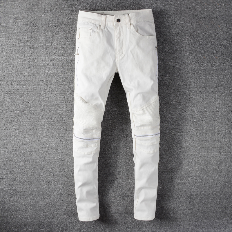 

Newly Fashion Designer Men Jeans White Slim Fit Elastic Hip Hop Jeans Men Zipper Spliced Punk Pants Streetwear Biker Homme