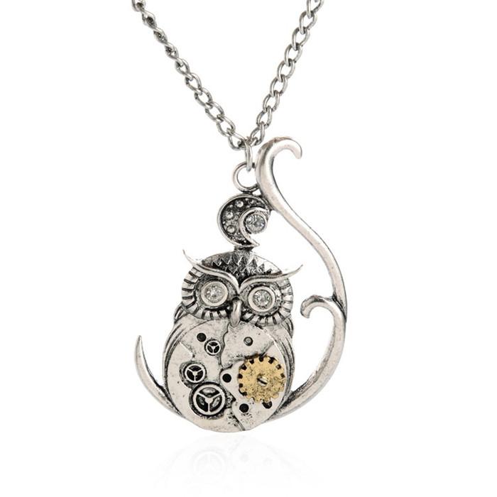 

Vintage Steampunk Necklace Antique Owl Clock Pendant Mechanical Gear Chain Necklace Punk Jewelry For Men Women b055, Silver