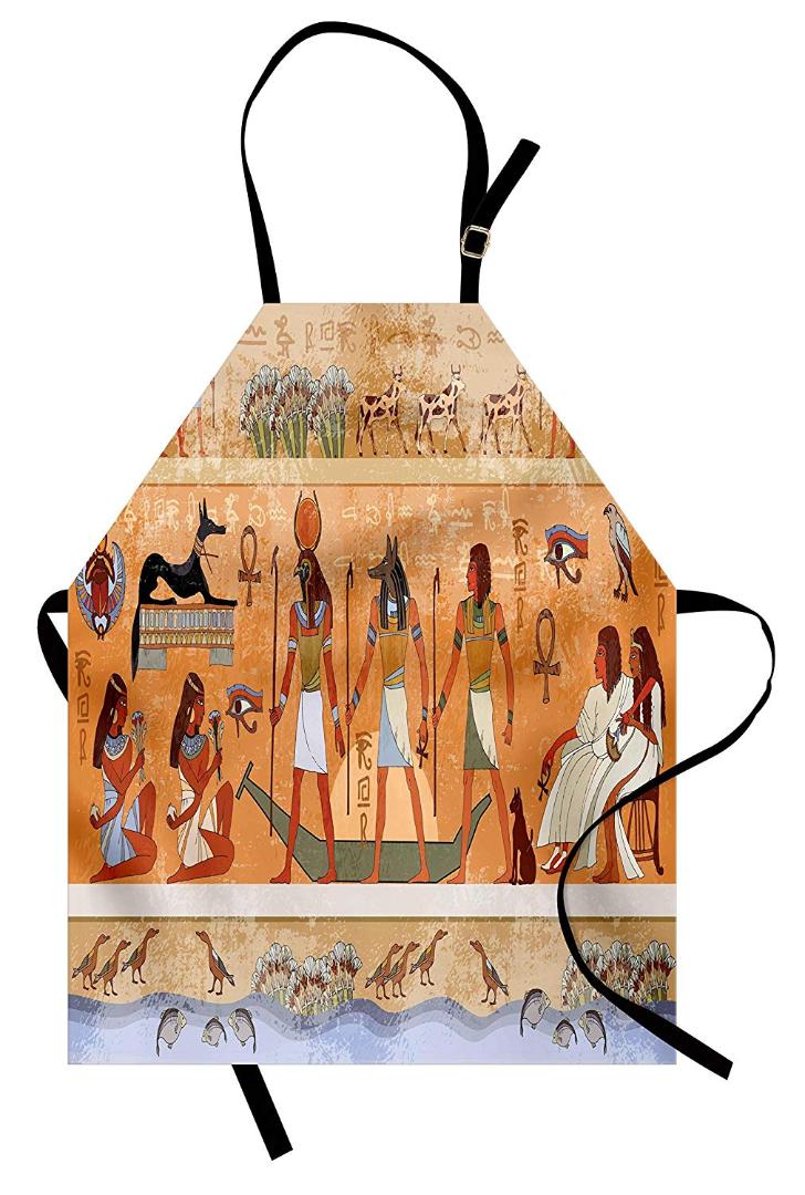 

Egyptian Apron Ancient Scene with Pharaoh Figure Hieroglyphic Temple Nefertiti Civilization Theme Unisex Kitchen Accessories