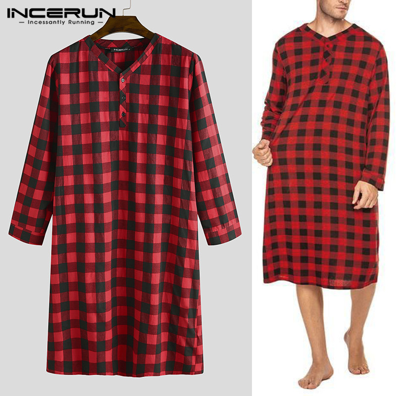 

2020 New Men Plaid Sleep Robes Sleepwear Men Fashion Soft Loose Long Sleeve V Neck Button Nightgowns Casual Long Pajamas INCERUN, Black