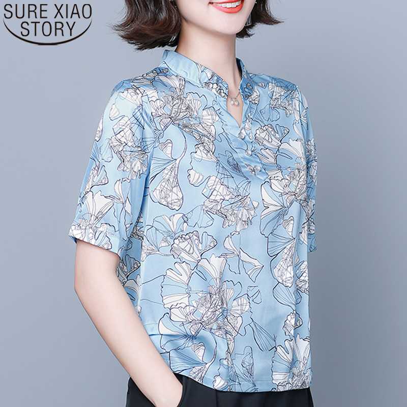 

Silk Blouses Women Short Sleeve Women's Shirt Print Satin Blouse Fashion Summer 2020 Plus Size 4XL Tops Blusas Clothes 10331, Light blue