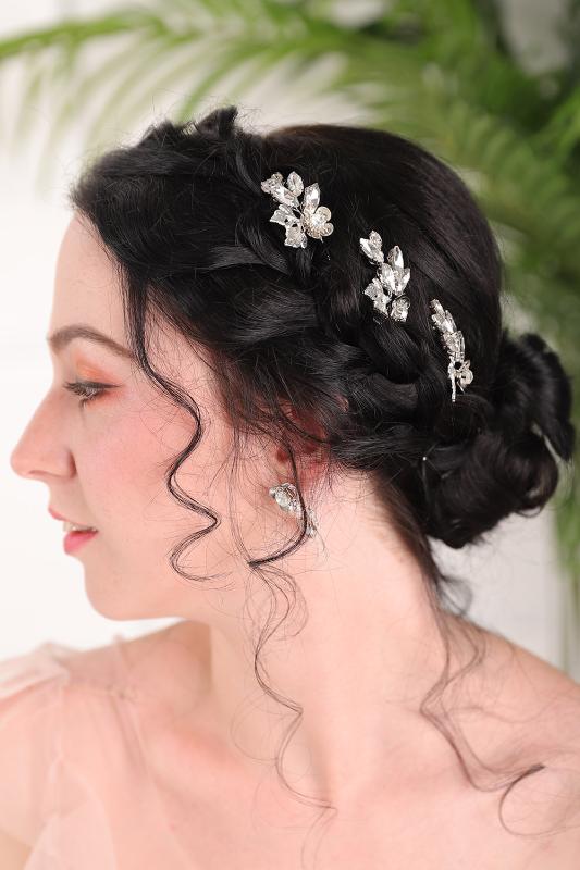 

Minimalist Silver Vintage Leaves Flower Rhinestones Handmade Hair pins set Wedding hat bride hair accessories for women