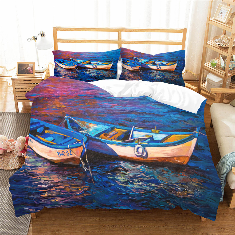 

Duvet Cover Set Bedroom Clothes 3D Wooden Boat in Lake Oil Painting Home Textile with Pillowcase Bed Linen King Queen Size