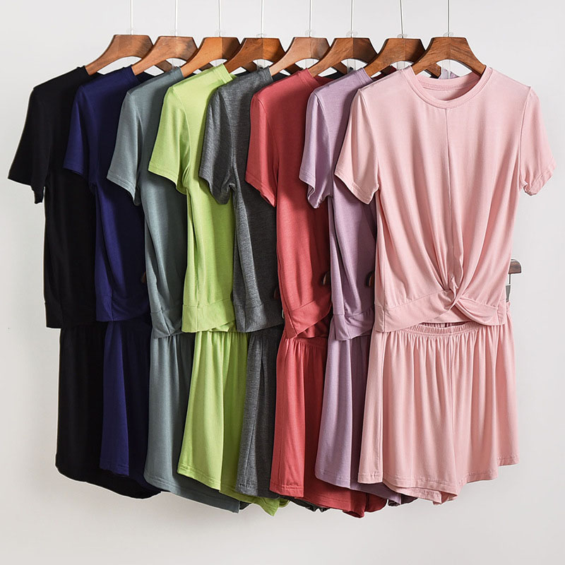 

2 Piece Set Women Pajamas Modal Solid Color Outer Wear Pajamas Short Sleeve Shorts Loose Comfortable Thin Home Clothes