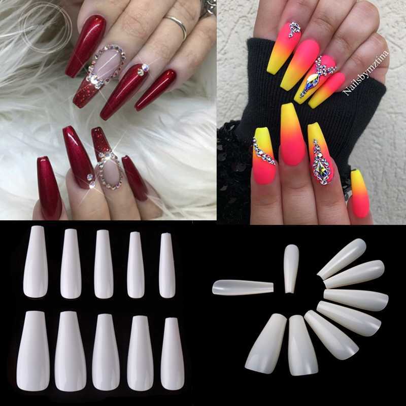 

100Pcs/Opp Long Ballerina Nails Artificial False Nails Clear/Natural/white Long Coffin Tips Full Cover Detachable Nail Art, Natural-100pcs