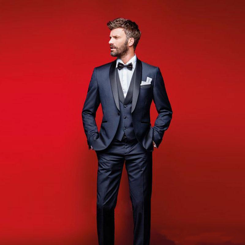 

Navy Blue Wedding Tuxedos Slim Fit Suits For Men Groomsmen Suit Three Pieces Cheap Prom Formal Suits (Jacket +Pants+Vest), Sliver