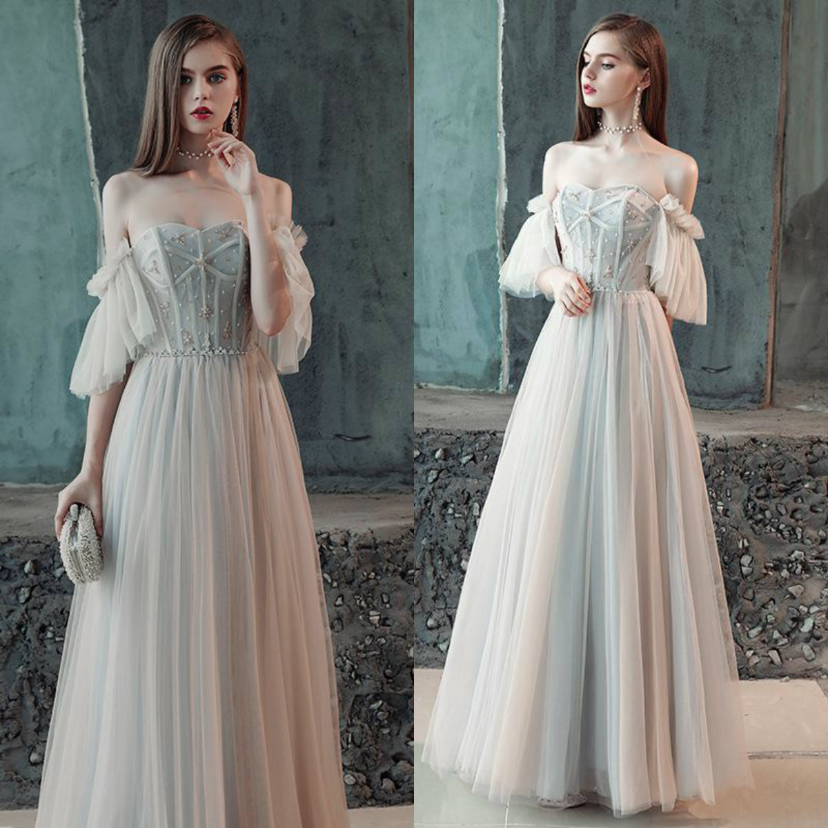 Elegant Evening Dresses Strapless Short Sleeve Appliqued Lace Beaded Prom Dress A Line Tulle Backless Formal Party Dress Custom Made
