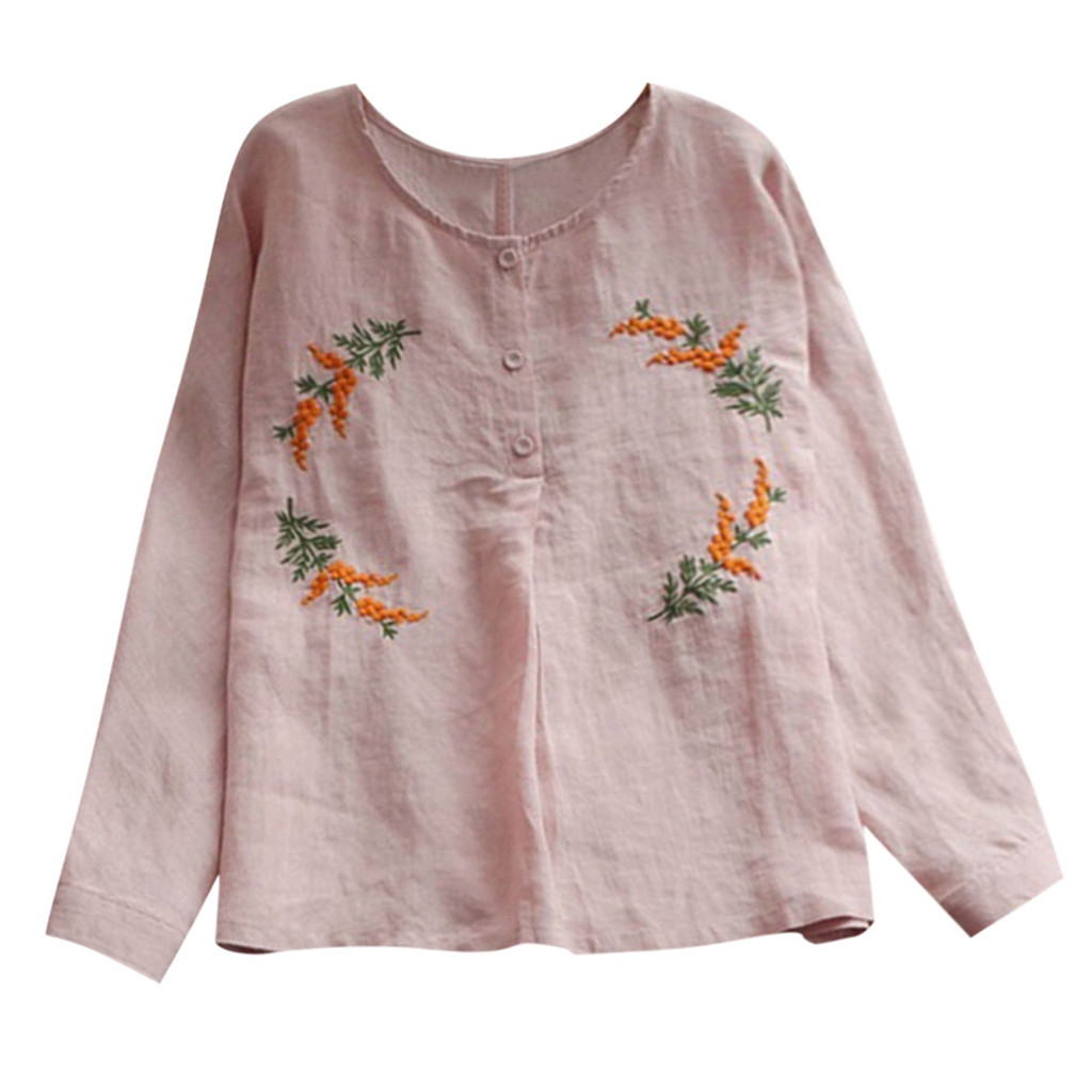 

JAYCOSIN Women's Fashion Solid Color Blouse Long-Sleeved Button Embroidered Shirt O-Neck Loose Workwear, Wh