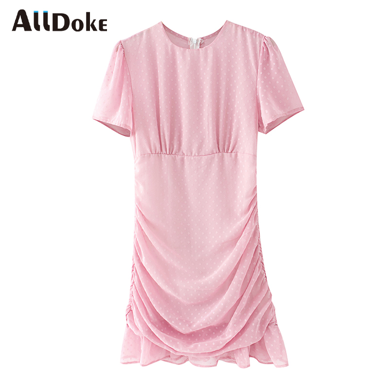 

ALLDOKE polka dot pink A line dress women summer high waist o neck short sleeve draped ruffles ladies short dresses vestidos