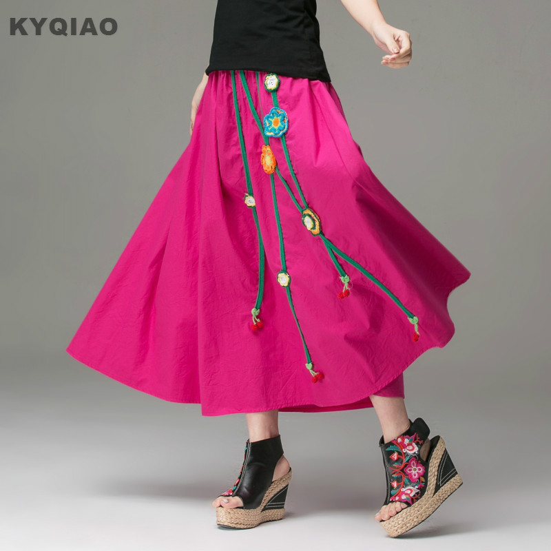 

KYQIAO Chinese skirt 2020 women autumn long ethnic black red blue big expansion skirt bohemian solid maxiskirt ethnic longuette