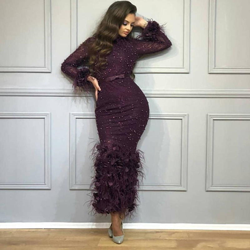Gaine sirène manches longues Robes de bal 2020 à col perles perles plumes Applique longueur cheville robe de soirée cocktail Robes