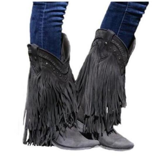 

Bohemia Style Gladiator Women Mid-calf Low Heel Motorcycle Boots Fringed Cowboy Boots Shoes Spring Autumn Women Tassels, Multi