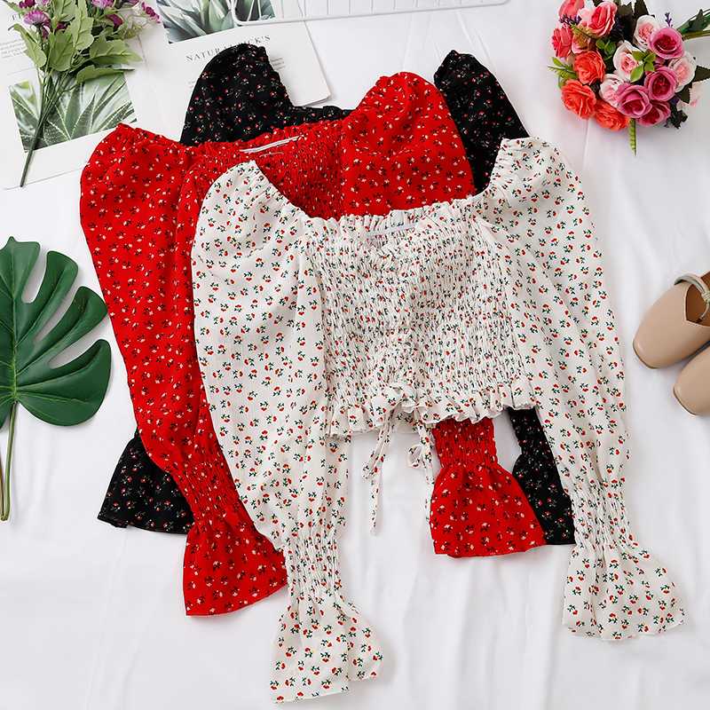 

Womens Tops and Blouses Print Floral Chiffon Long Sleeve Female Shirt Korean Style Sexy Crop Top Women Ruffle Blouse D576WPY308, Black