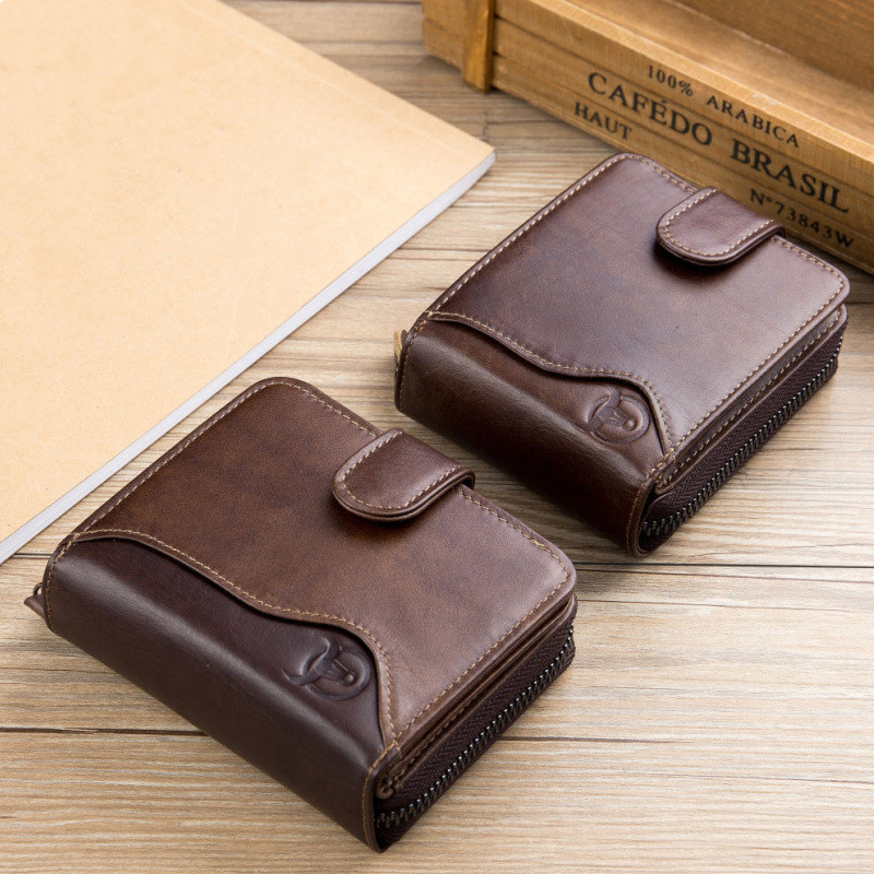 

Genuine Leather Fashion Purse Men Short Coin Purse Card Holder Short Standard Wallet Male Solid Color Zipper & Hasp, Black
