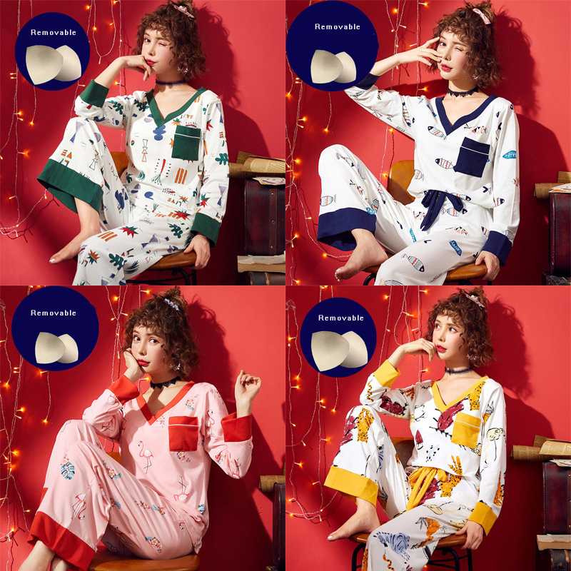 

CINOON Cotton Pajamas Set + Removable Chest Pad Sexy V-neck Comfortable Home Clothes Women Long Nightwear Suit Fashion Sleepwear
