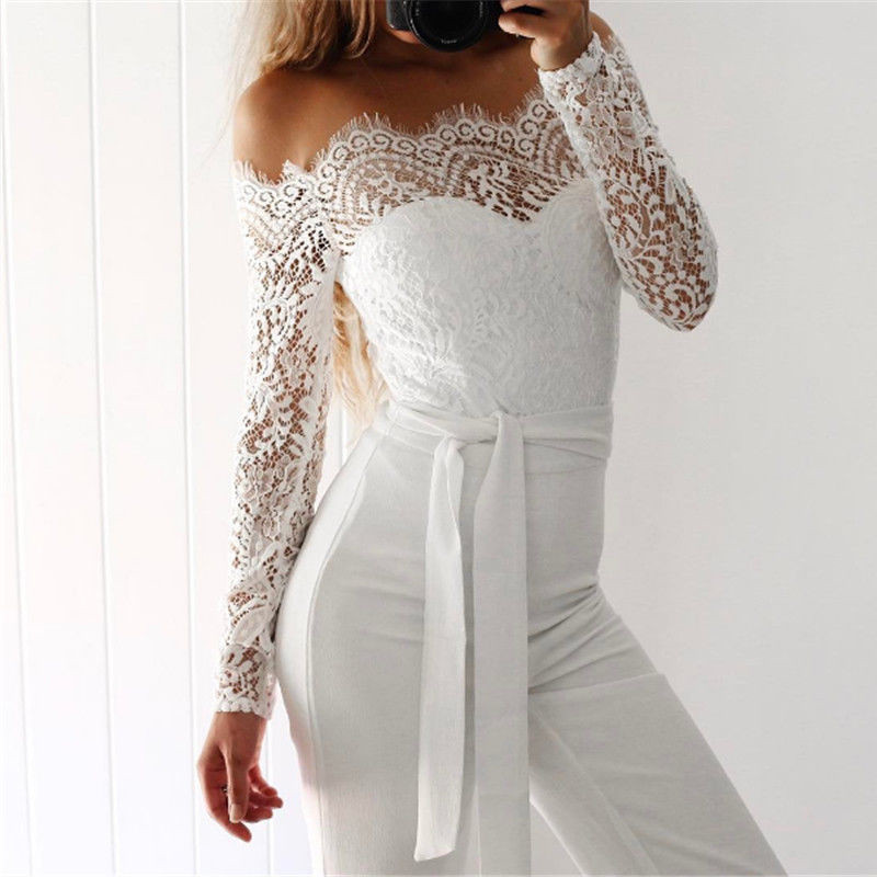 

Women Elegant Slash Neck Off Shoulder Long Sleeve Lace Patchwork Jumpsuit Hollow Out High Waist Lace-up Wide Leg Pant Jumpsuit, Black