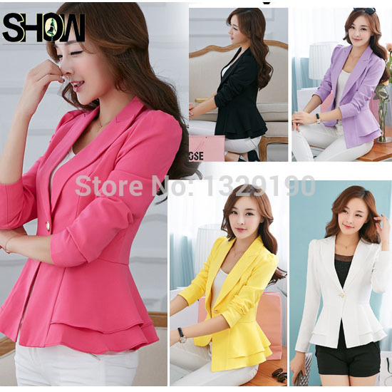 

Women New Fashion 2016 Business Formal Suits Work Coat Elegant Ruffle Blue Yellow White Black Jacket Office Peplum Blazer 9907