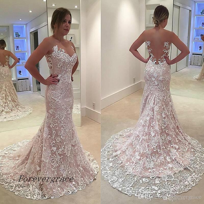 

2019 Mermaid Arabic Lace Backless Wedding Dress Luxury Sheer Crew Neck Illusion Dubai Bridal Gown Plus Size Custom Made, Champagne