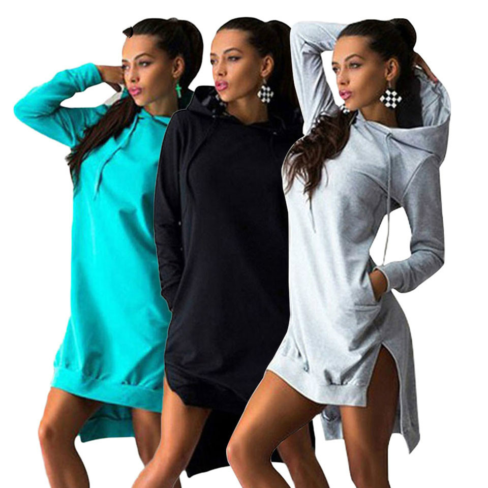 Women Slim Hoodie Dresses Autumn Long Sleeve Casual Dress Hooded Pockets Sportwear Female Fashion-image-531864398