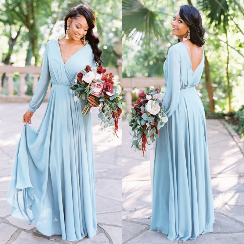 

Country Style Dusty Sky Blue Chiffon Boho Bridesmaid Dresses V Neck Long Sleeves Party Dress Wedding Guest Dresses