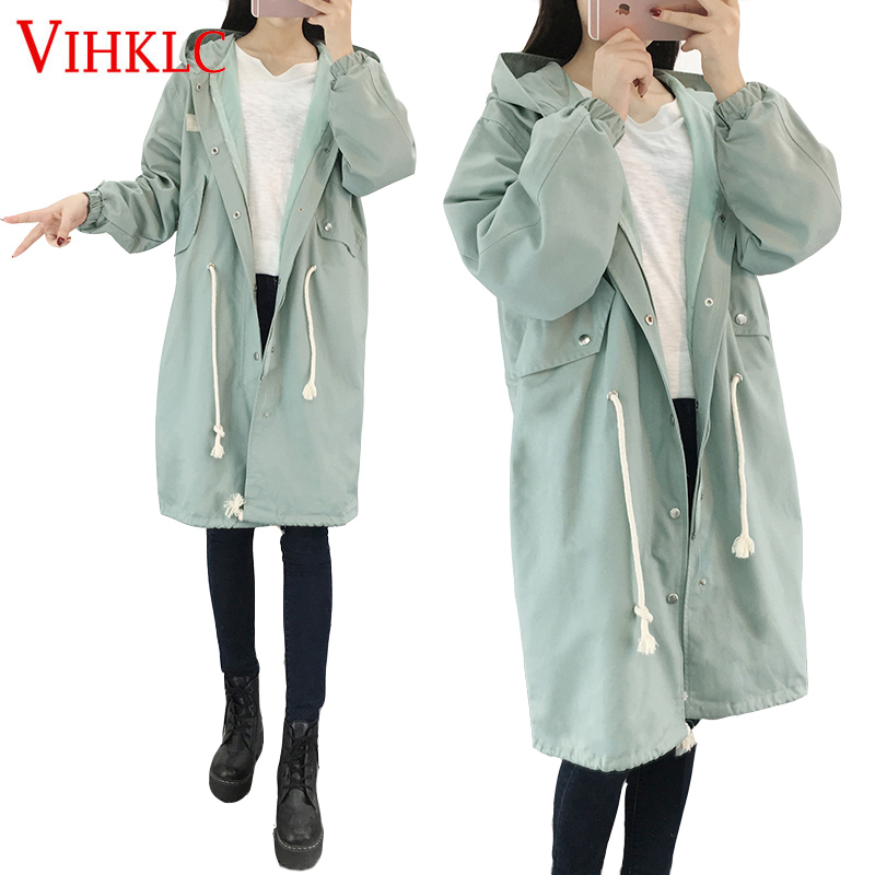 

Plus size Pure color women hooded trench coat high-quality 2018 casual spring ladies oversized outwear trench coat female T637, Green