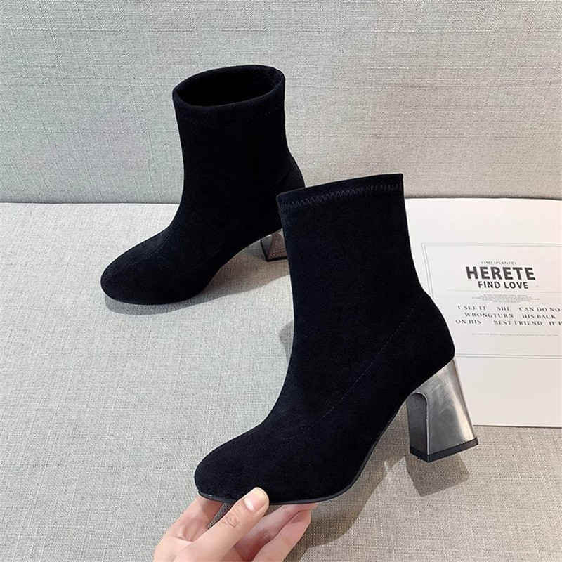 

Quality Suede Women Boots Metal Decoration Shoes Woman Round Toe Thick Heels Ankle Boots Lace Fall Winter Zipper Fashion, Black