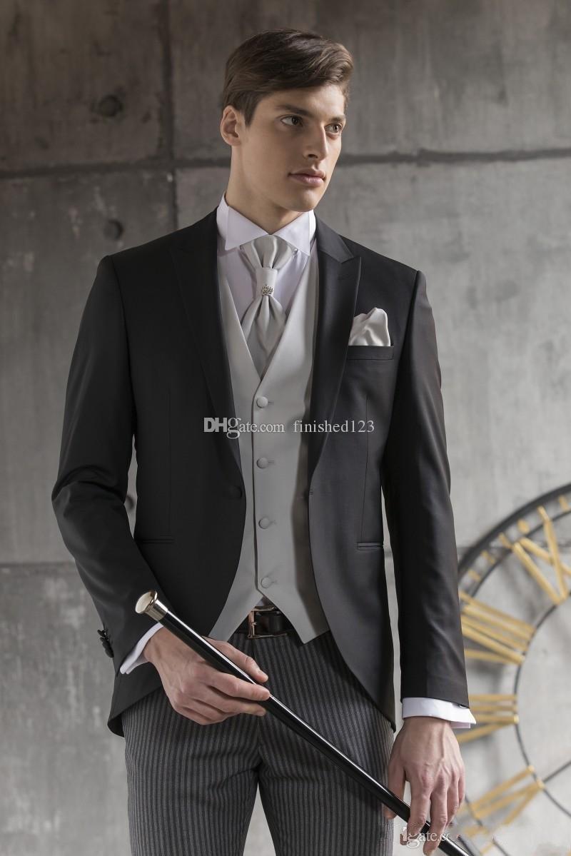 

High Quality One Button Black Groom Tuxedos Peak Lapel Men Suits 3 pieces Wedding/Prom/Dinner Blazer (Jacket+Pants+Vest+Tie) W504, Same as image