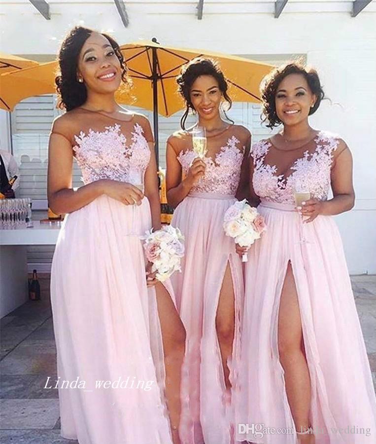 

South Afraican Black Girls Long Pink Bridesmaid Dress A Line Jewel Neck Chiffon Formal Maid of Honor Gown Plus Size Custom Made