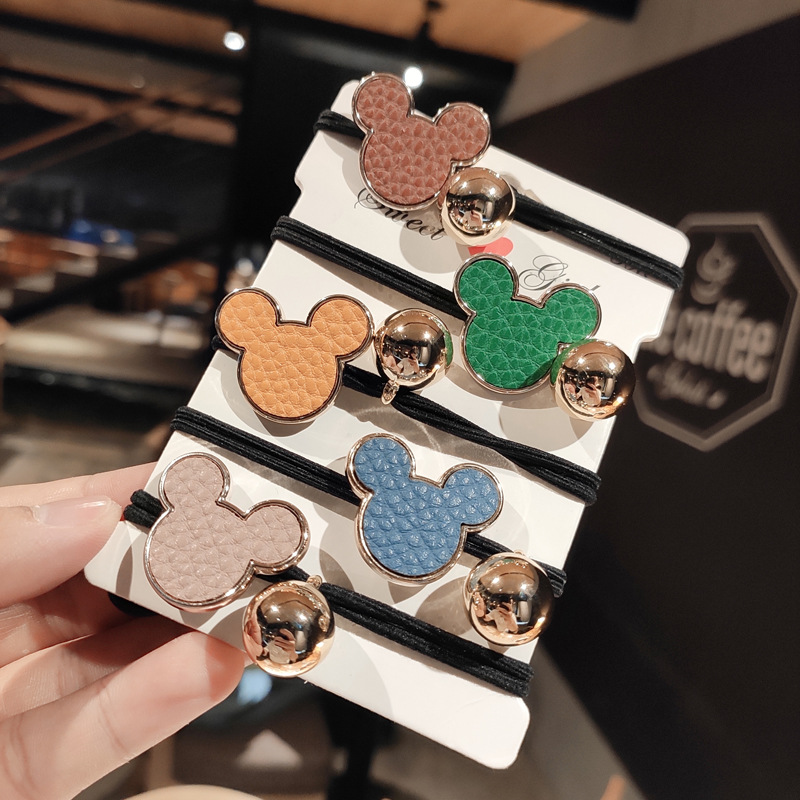 

Hair circle rubber bands cartoon letter leather Mickey hair rope women's high elastic hair binding leather band headdress F0005