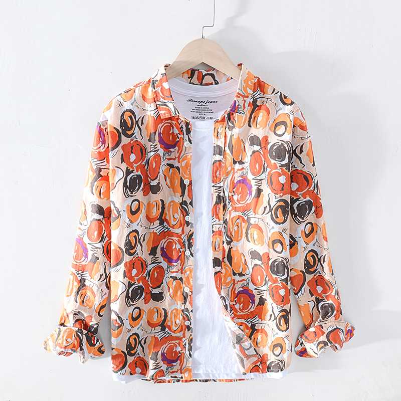

100%Linen Long Sleeve Print Shirt Spring New Men Breathable Casual Classic Turn-down Collar Clothes Y2437, Orange