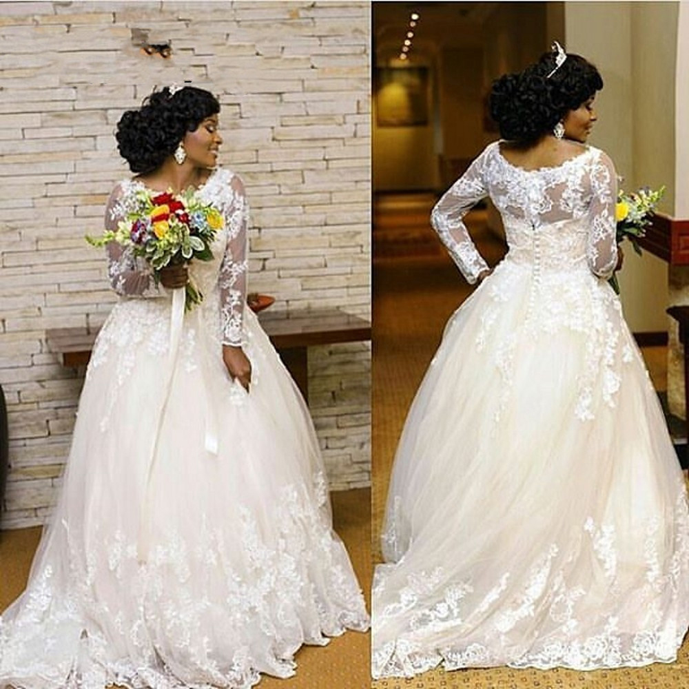Blanc grande taille Robe De mariée dentelle Applique perlée manches longues dubaï africain Tulle robes De mariée 2020 nouvelle Robe De Mariee