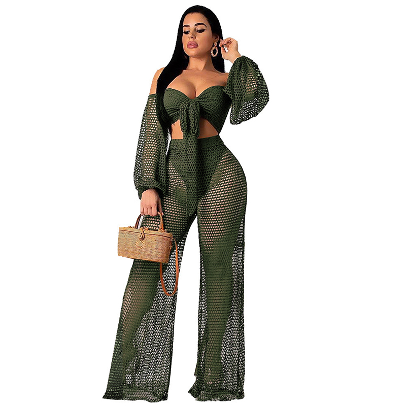 

Alisister 2019 Sexy Women Set Women Front Lining Strappy Back Detail Fishnet Strapless And Wide Leg 3 Color, Sw06558