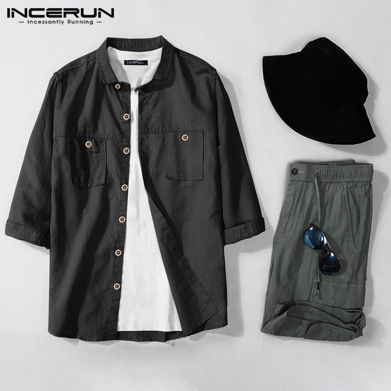 

INCERUN 2020 Summer Men Casual Shirt Fashion Lapel Half Sleeve Button Streetwear Cotton Shirts Solid Color Chic Harajuku -5XL, Black