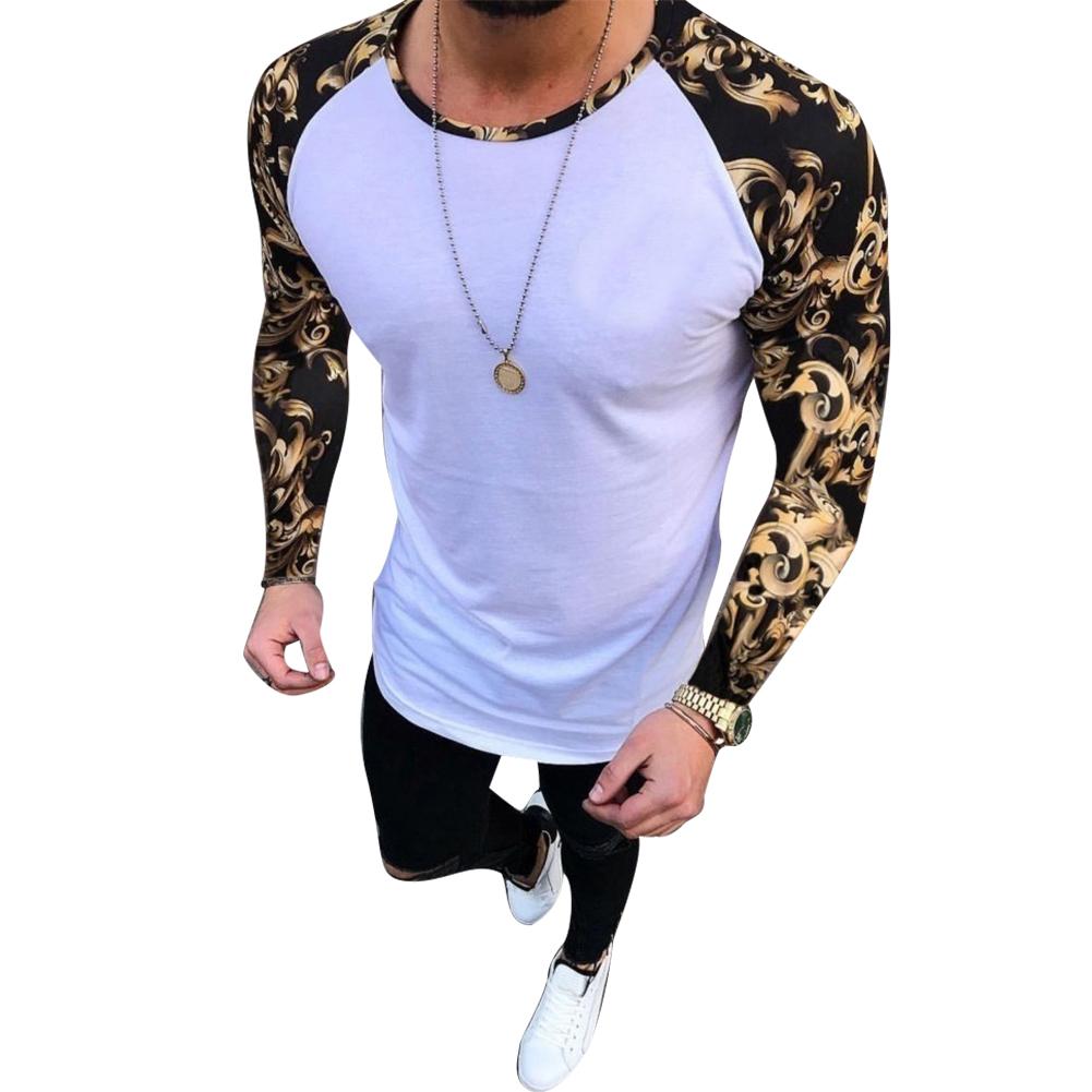 

2019 Floral Patchwork Long Sleeve Round Neck T-Shirt Men Slim Fit Casual Summer Top, Black