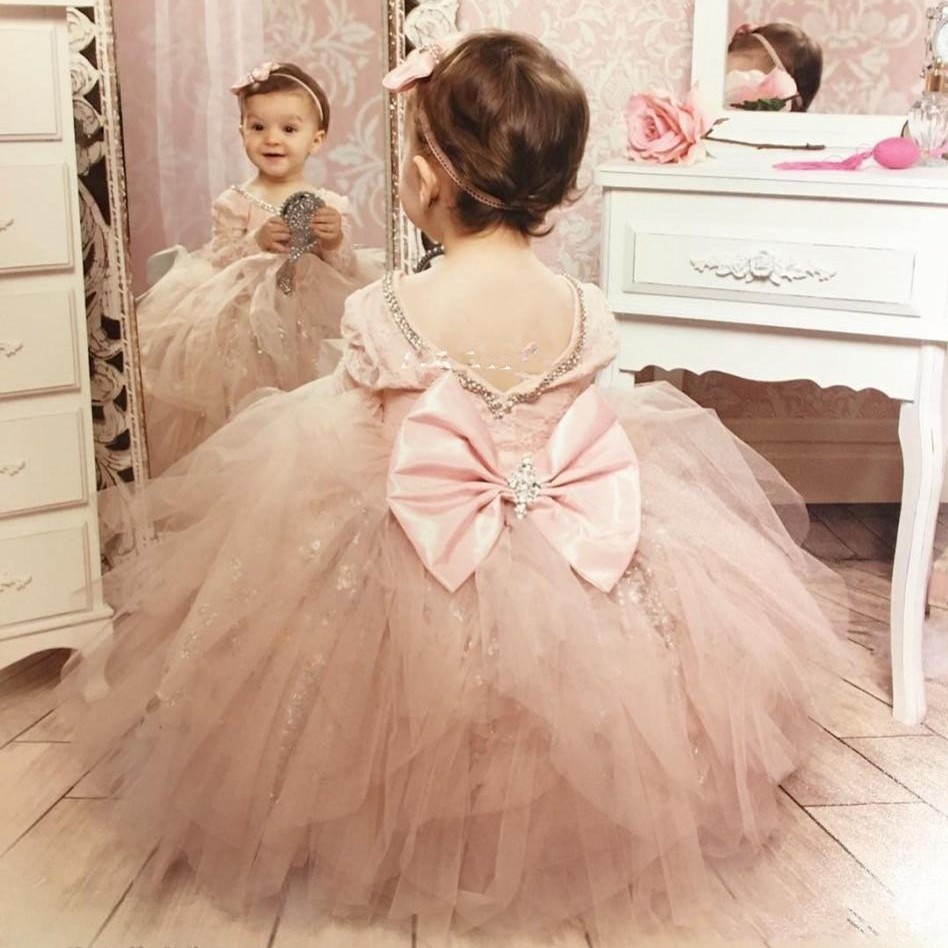 

Lovely Blush Pink Long Sleeve Flower Girl Dresses for Wedding Sparkly Sequin Crystals Ruffles Tulle Bow 2019Girls Pageant Dress, Purple