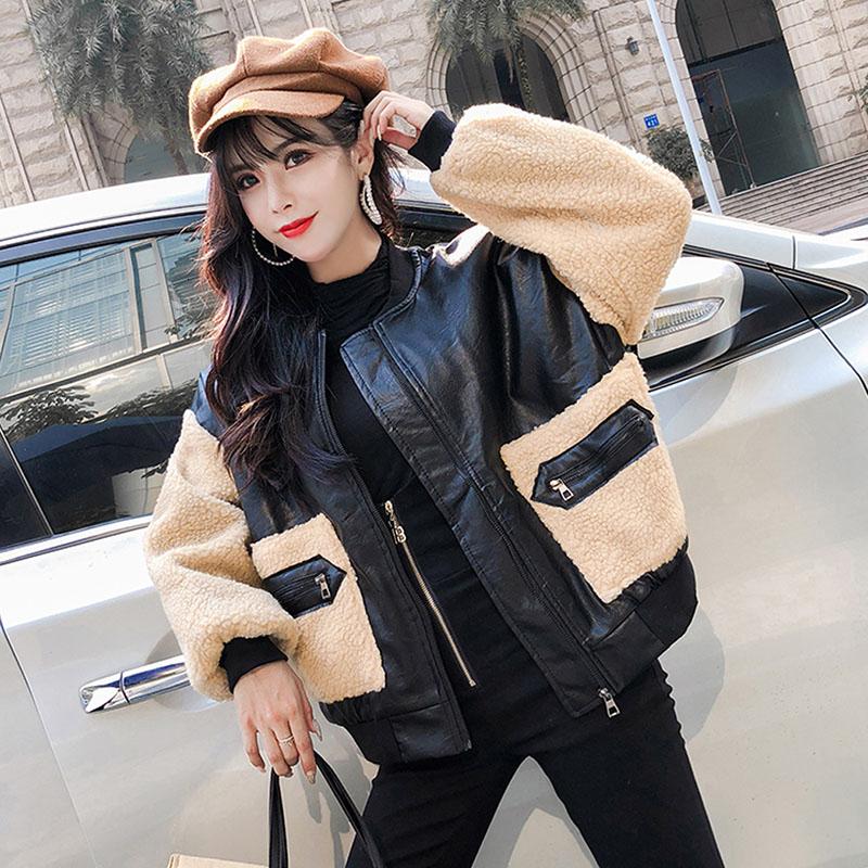 

spring Leather Jacket Women coat lamb splice Female Long Sleeve Faux Leather Coat Motorcycle Jacket Ladies PU Plus Size PY103, Black