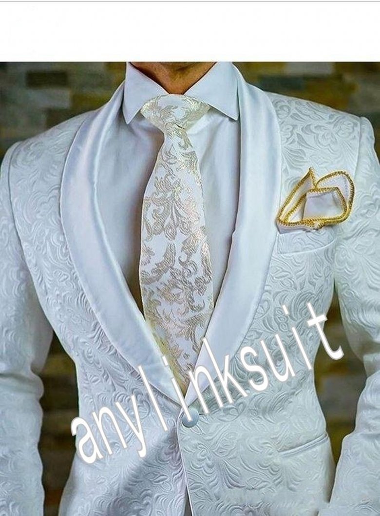 

New Popular One Button White Paisley Wedding Men Suits Shawl Lapel Two Pieces Business Groom Tuxedos (Jacket+Pants+Tie) W1262, Same as image