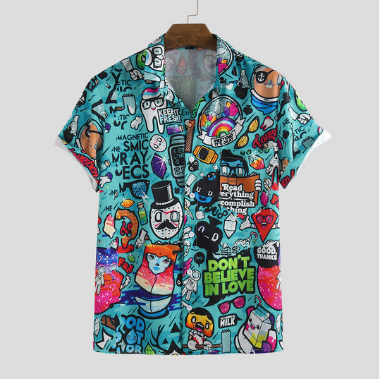 

E-Baihui 2020 Japanese Style of Vacation Shirts Men's Clothing Cartoon Graffiti Printing Shirts Lapel Short-sleeved Shirt C21, Lake blue