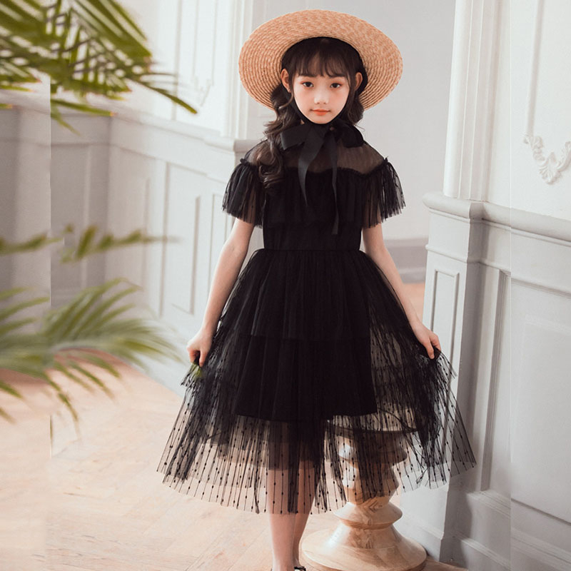 

Beige Black White Pink Dress Teenage Big Girls Dress Kids Clothes 2020 Summer Dresses For Girls Layered Mesh Patchwork Clothing