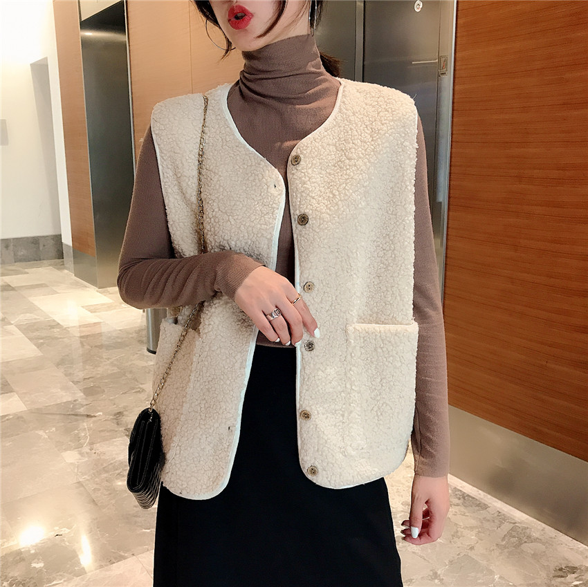 

2020 Autumn Winter Warm Faux Lamb Fur Vest Women V-neck Single Breasted Plus Size Coat Outwear Sleeveless Chalecos Para Mujer, Khaki