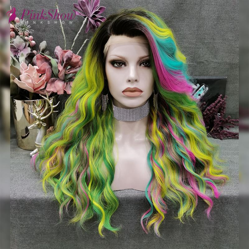 

Pinkshow Green Yellow Pink Blue Mixed Wig Rainbow Synthetic Lace Front Wig Natural Wave Wigs For Women Heat Resistant Fiber, Multi color