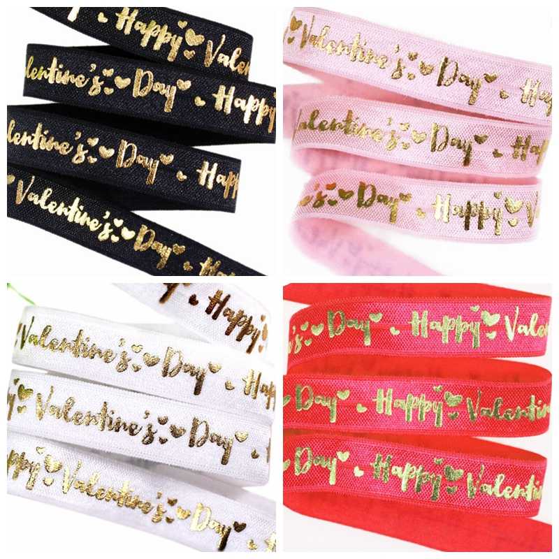 

5/8" Gold foil happy Valentine Day text and hearts FOE elastic fold over elastic for Valentine design welcome custom printed, 029